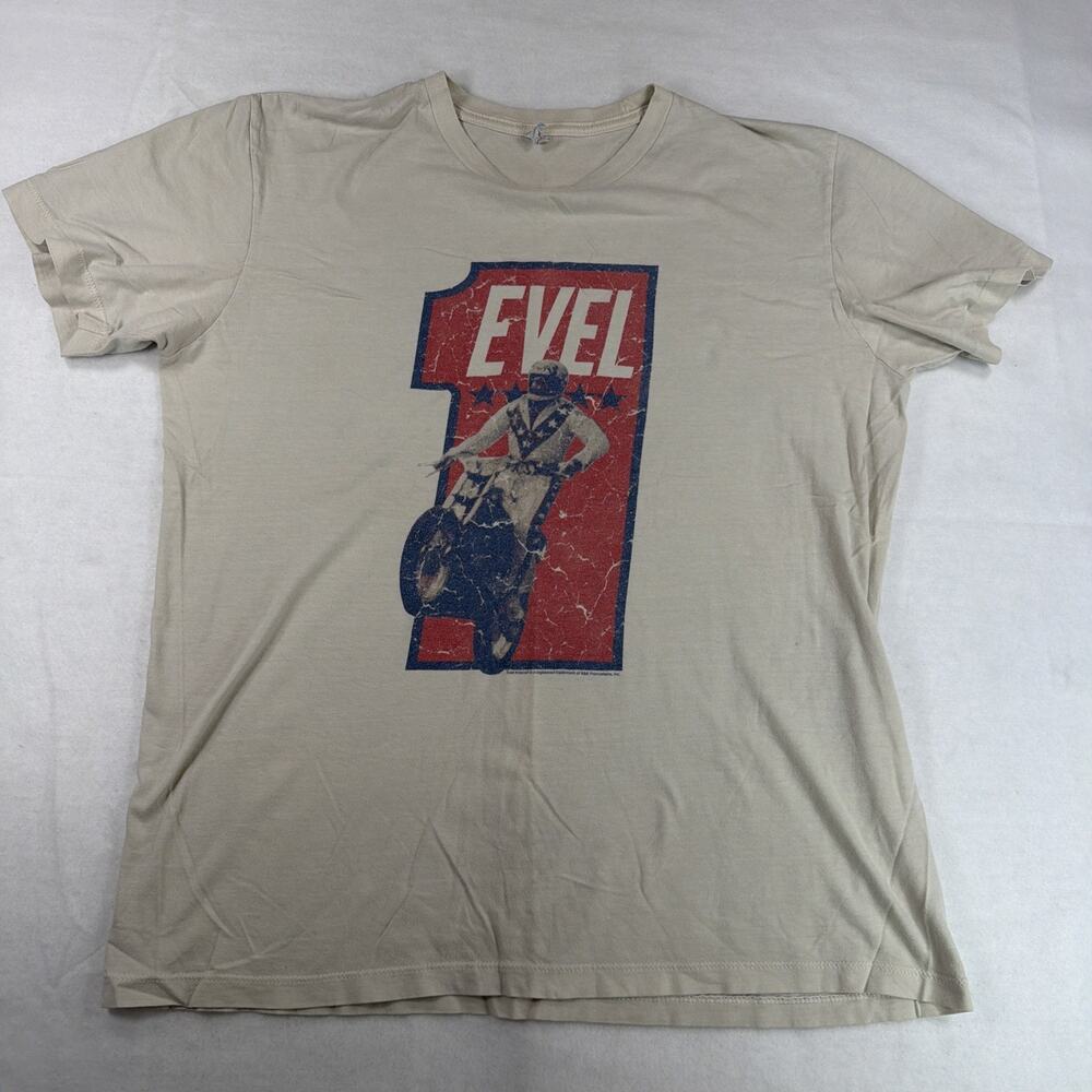 Vintage Y2K Evel Knievel T Shirt XL Cream Made in USA Motorcycle Stunt Graphic